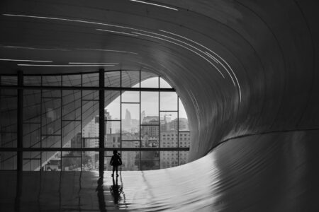 black and white photograph of the heydar aliyev center interior